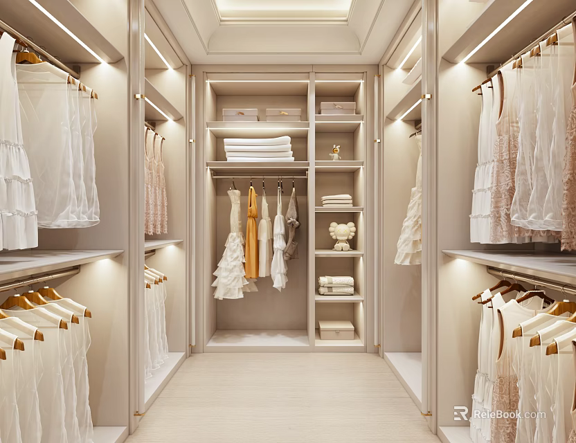Modern Walk in Closet Design With Neat Clothes And Proper Lighting 3d model 