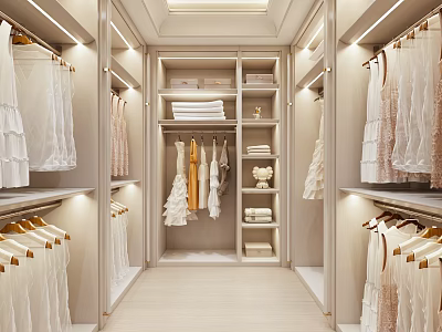 Modern Walk in Closet Design With Neat Clothes And Proper Lighting 3d model