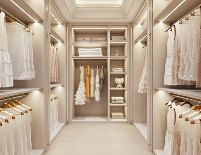 Modern Walk in Closet Design With Neat Clothes And Proper Lighting 3d model