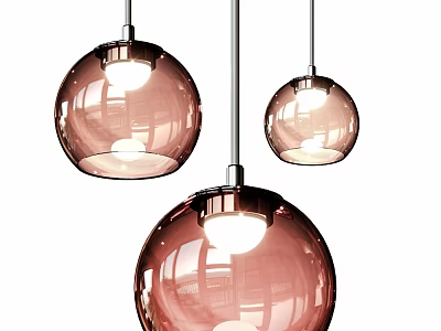 Three Pink Transparent Spherical Pendant Lights With Lit Bulbs Hanging On Metal Brackets 3d model