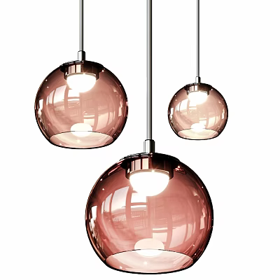 Three Pink Transparent Spherical Pendant Lights With Lit Bulbs Hanging On Metal Brackets 3d model