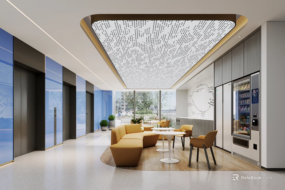 Modern Lounge Interior With Yellow Sofas Round White Tables Large Windows And Vending Machine 3d model 