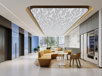 Modern Lounge Interior With Yellow Sofas Round White Tables Large Windows And Vending Machine 3d model