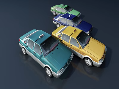 Four Different Colored Cars With Green Blue Yellow And Teal Exteriors On Dark Surface 3d model