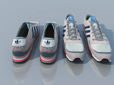Retro Style White Sneakers With Blue Stripes And Red Soles Displayed In Pairs 3d model