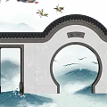 Traditional Building Exterior Wall With Archway Gray Tiles And Landscape Background Design