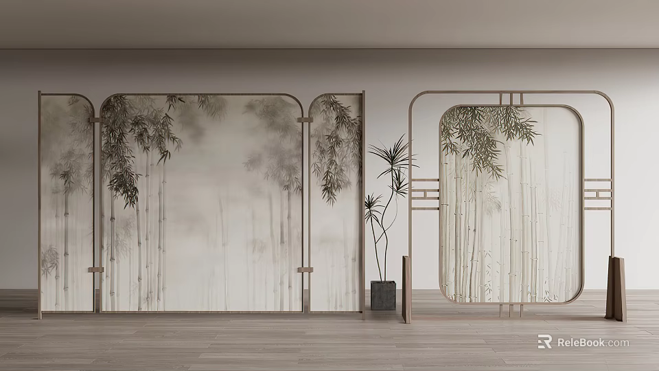 Ink Painting Style Bamboo Room Divider With Metal Frame For Interior Decor 3d model 