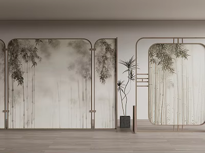 Ink Painting Style Bamboo Room Divider With Metal Frame For Interior Decor 3d model