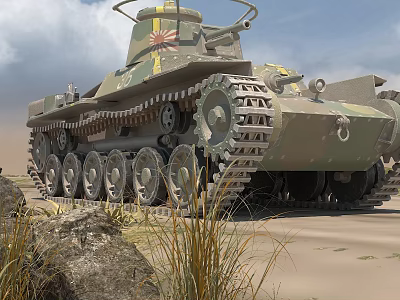 Military Camouflage Tank With Heavy Tracks In Desert Terrain Featuring Rocks And Grass 3d model