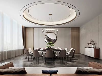 Elegant Private Room Interior With Round Dining Table Crystal Chandelier And Sofa 3d model