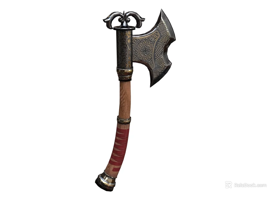 Vintage Weapon Axe With Metal Blade Wooden Handle Red Wrapped Detail And Metal Top Ornament 3d model 
