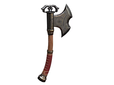 Vintage Weapon Axe With Metal Blade Wooden Handle Red Wrapped Detail And Metal Top Ornament 3d model