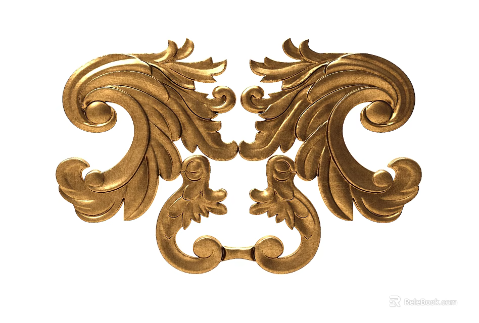 Ornate Golden Symmetrical Carving Featuring Curved Leaf And Scroll Patterns 3d model