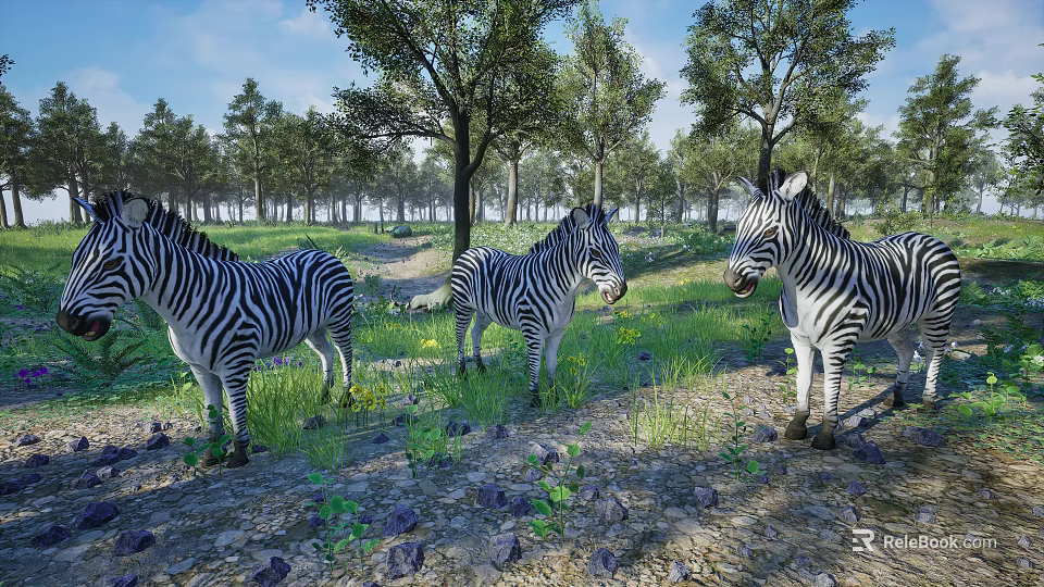 Vibrant Reptiles Exploring Grassy Field with Trees and Blue Sky 3d model 