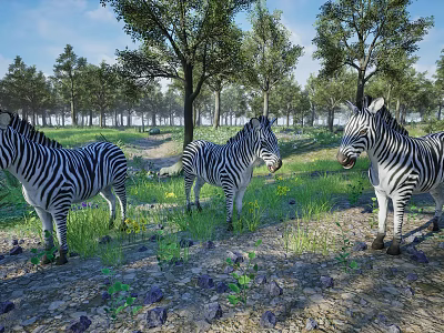 Vibrant Reptiles Exploring Grassy Field with Trees and Blue Sky 3d model