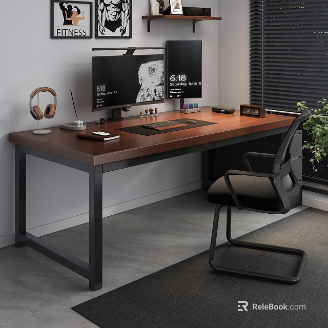 Modern Wooden Desk Setup with Dual Monitors Headphones Keyboard Mouse Pad and Office Chair 3d model 