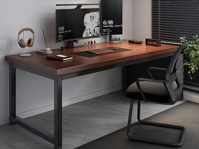 Modern Wooden Desk Setup with Dual Monitors Headphones Keyboard Mouse Pad and Office Chair 3d model