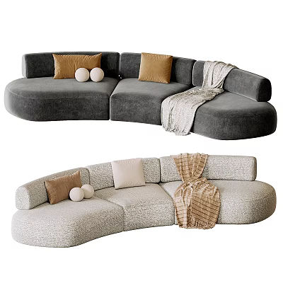 Curved Sectional Sofa with Grey and Beige Upholstery Pillows and Throw Blanket 3d model
