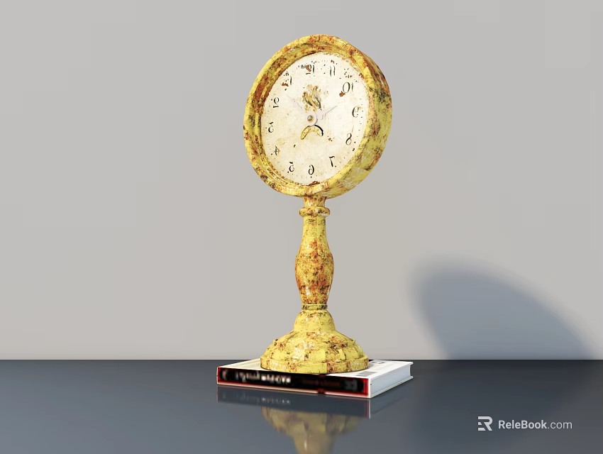 Vintage Golden Tabletop Clock With Ornate Base And Classic Dial On Black Desk 3d model 