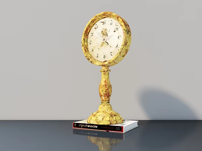 Vintage Golden Tabletop Clock With Ornate Base And Classic Dial On Black Desk 3d model