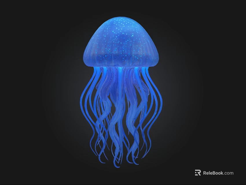 Beautiful Glowing Blue Jellyfish with Long Transparent Tentacles on Dark Background 3d model 