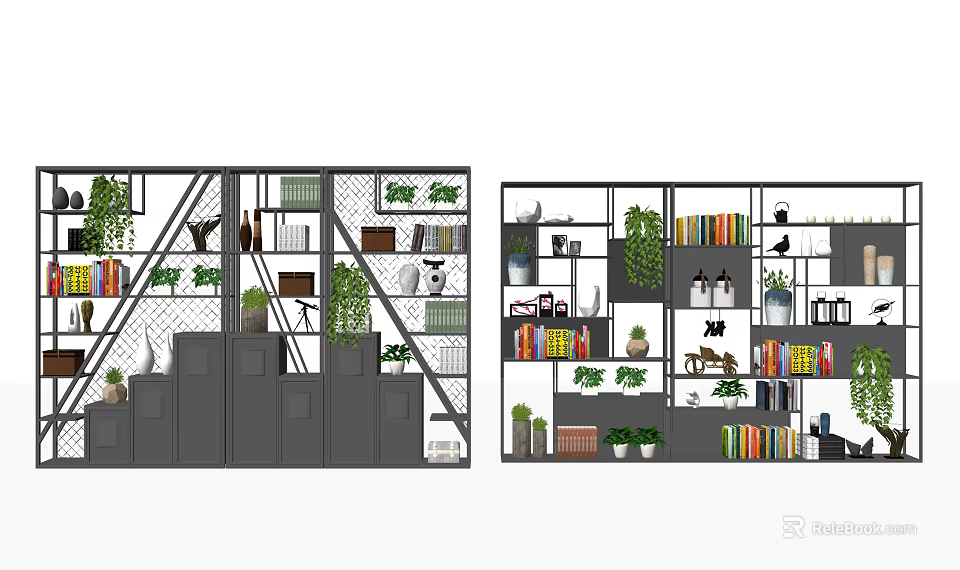 Modern Bookcase Design With Layered Shelves Books Green Plants And Decorative Items 3d model 