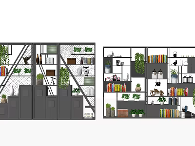Modern Bookcase Design With Layered Shelves Books Green Plants And Decorative Items 3d model