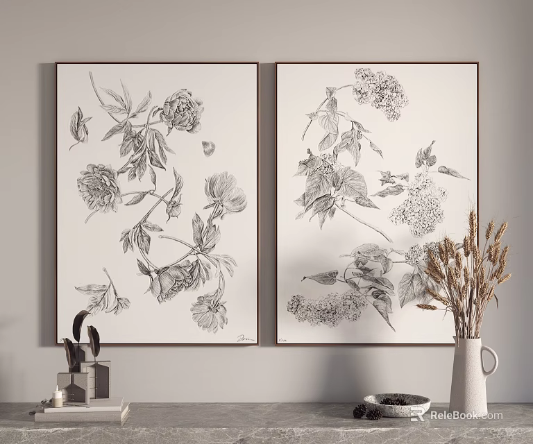 Black and White Floral Sketches Wall Decor With Dried Flowers In Vase 3d model 