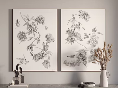 Black and White Floral Sketches Wall Decor With Dried Flowers In Vase 3d model