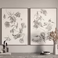 Black and White Floral Sketches Wall Decor With Dried Flowers In Vase