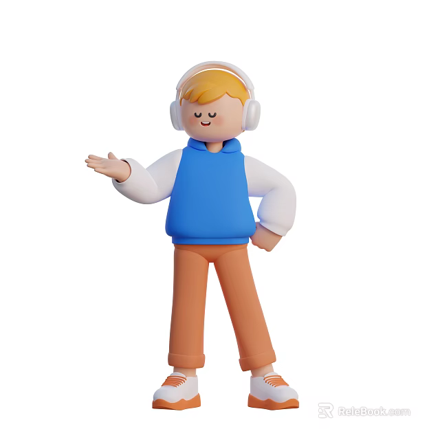 Man Wearing Headphones Blue Hoodie With White Sleeves Brown Pants And Orange Shoes Gesturing 3d model 