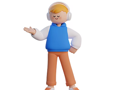 Man Wearing Headphones Blue Hoodie With White Sleeves Brown Pants And Orange Shoes Gesturing 3d model