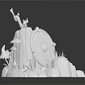 Golden Fantasy Weapons And Decorative Elements With Axe Shield Barrels And Flames