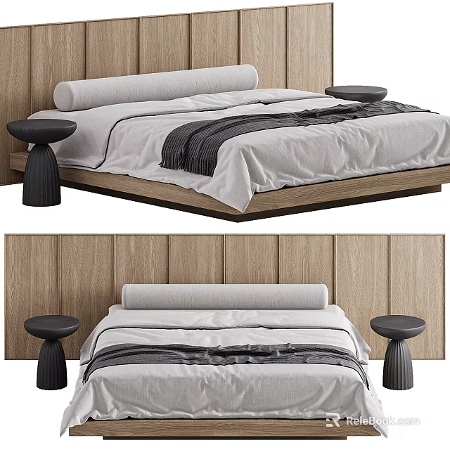 Minimalist Background Double Bed with Wooden Wall White Sheets Gray Blanket and Black Stools 3d model 