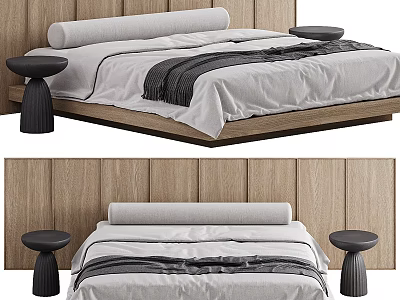 Minimalist Background Double Bed with Wooden Wall White Sheets Gray Blanket and Black Stools 3d model