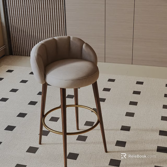 Modern Light Gray Upholstered Bar Stool With Curved Backrest Wooden Legs And Golden Footrest 3d model 