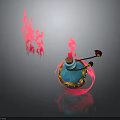 Ornamental Blue Pot With Red Flames Gold Base And Small Handle 3D Render