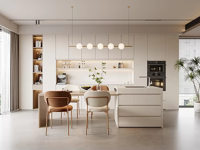 Modern Restaurant Open Kitchen Design With Island Counter Dining Chairs And Pendant Lights 3d model
