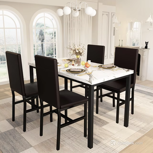 Elegant Restaurant Dining Area With Marble Table Black Chairs And Arched Windows 3d model 