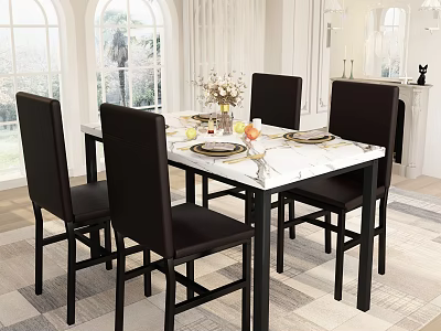 Elegant Restaurant Dining Area With Marble Table Black Chairs And Arched Windows 3d model