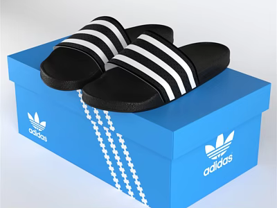 Adidas Black Slippers With White Stripes On Blue Box Logo Design 3d model