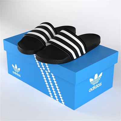 Adidas Black Slippers With White Stripes On Blue Box Logo Design 3d model Adidas Black Slippers With White Stripes On Blue Box Logo Design 3d model