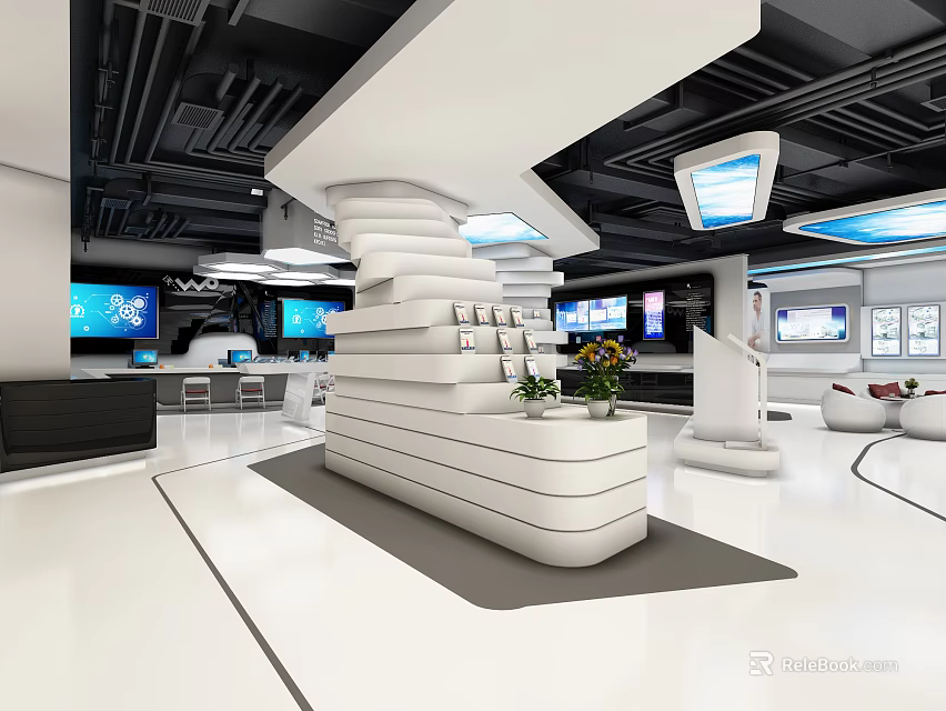 Modern Digital Store Interior With Displayed Electronics Screens Open Layout And Reception Counter 3d model 