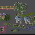 Vibrant Garden Setting With Purple Pink Flowers Green Bushes Trees Blue White Umbrellas Lounge Chairs