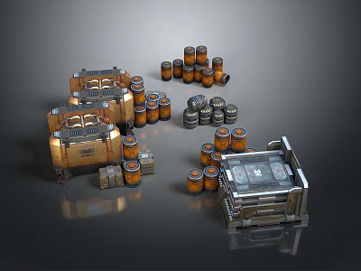 Industrial Storage Setup With Metal Crates Wooden Barrels And Orange Oil Drums 3d model