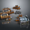 Industrial Storage Setup With Metal Crates Wooden Barrels And Orange Oil Drums