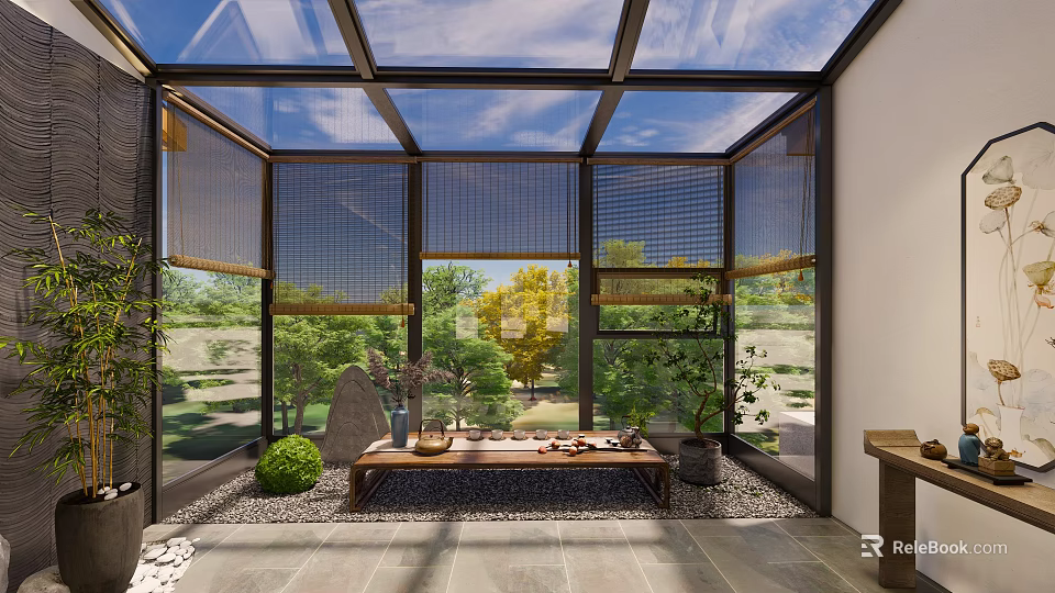 Luxurious Villa Balcony with Glass Roof Bamboo Blinds Tea Table Green Plants and Garden View 3d model 