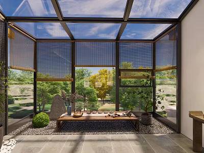 Luxurious Villa Balcony with Glass Roof Bamboo Blinds Tea Table Green Plants and Garden View 3d model