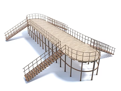 Modern Wooden Stairs with Metal Railings and Elevated Walkway Structure Design 3d model