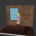 Woman In Purple Top Plaid Skirt With Pink Handbag By Brick Wall Window Wooden Floor